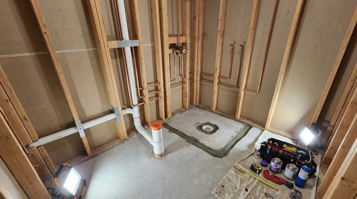 Bathroom rough-in plumbing during remodel by Johns Plumbing LLC in Cannelton