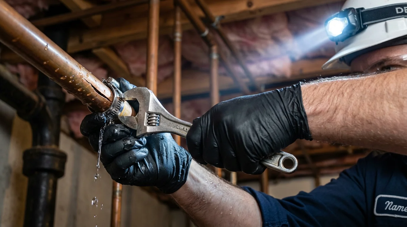 Emergency pipe clamp repair being performed by a Johns Plumbing LLC plumber in Cannelton