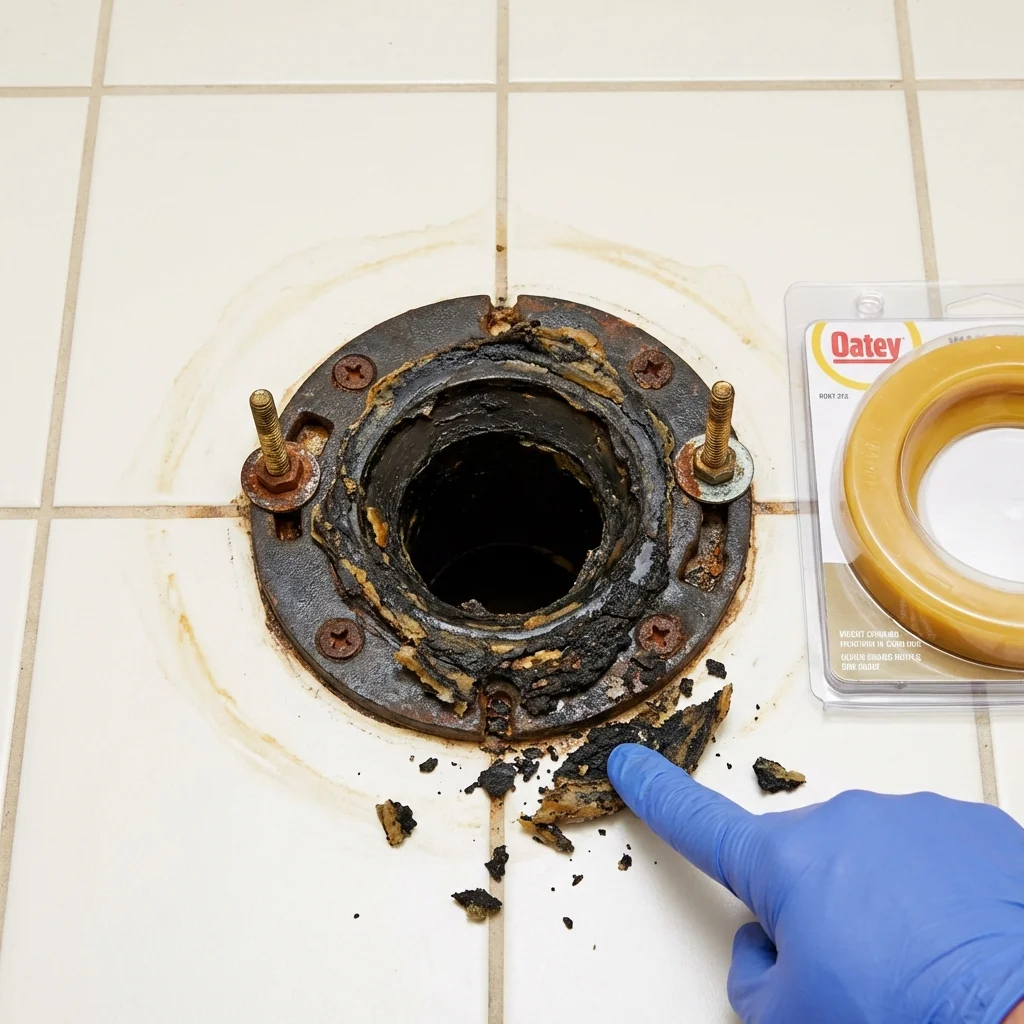 Failed wax ring showing water seepage at the base of a toilet in a Cannelton, IN home